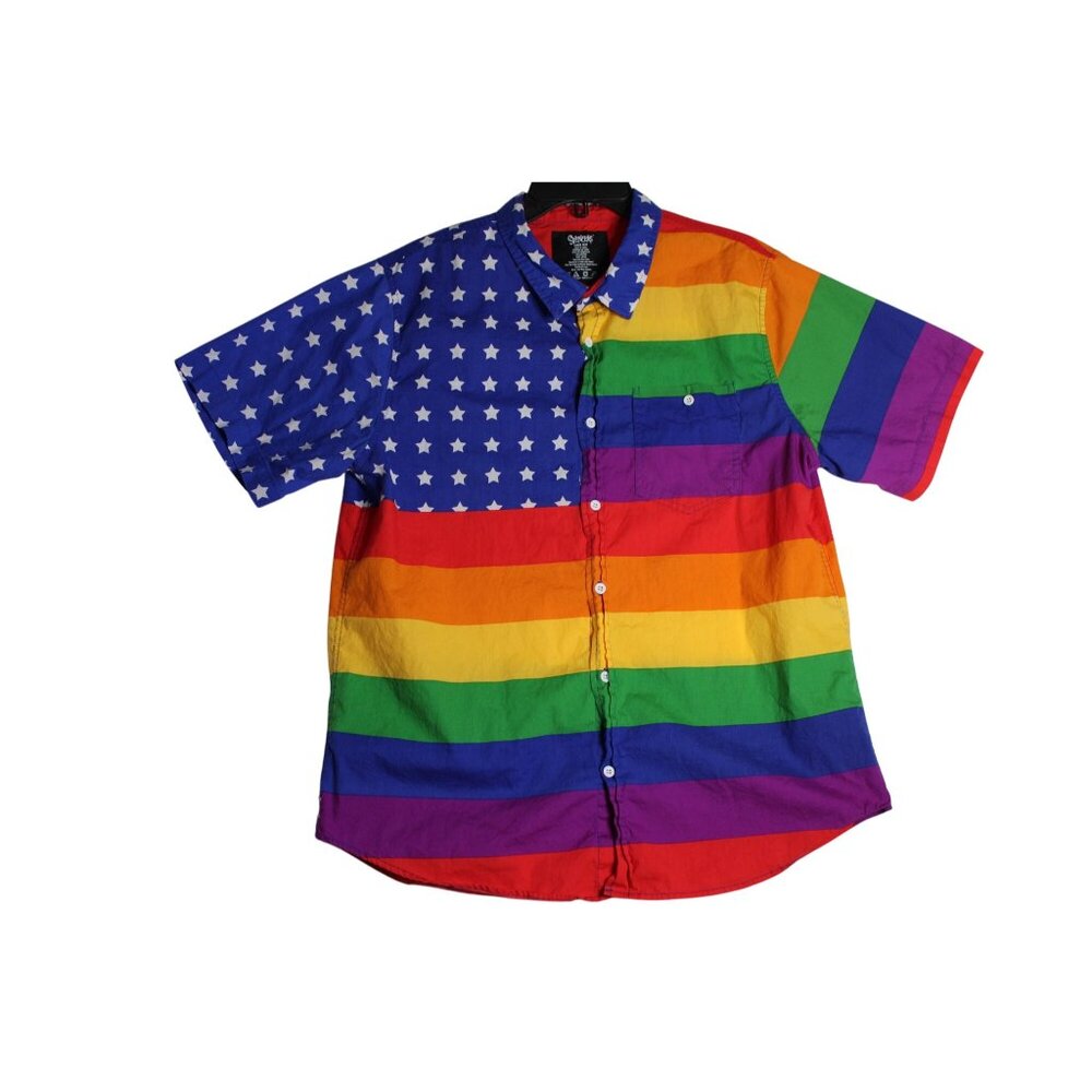 Spencers Button Up Shirt Rainbow Pride USA Stars All Over Print Flag Mens Large